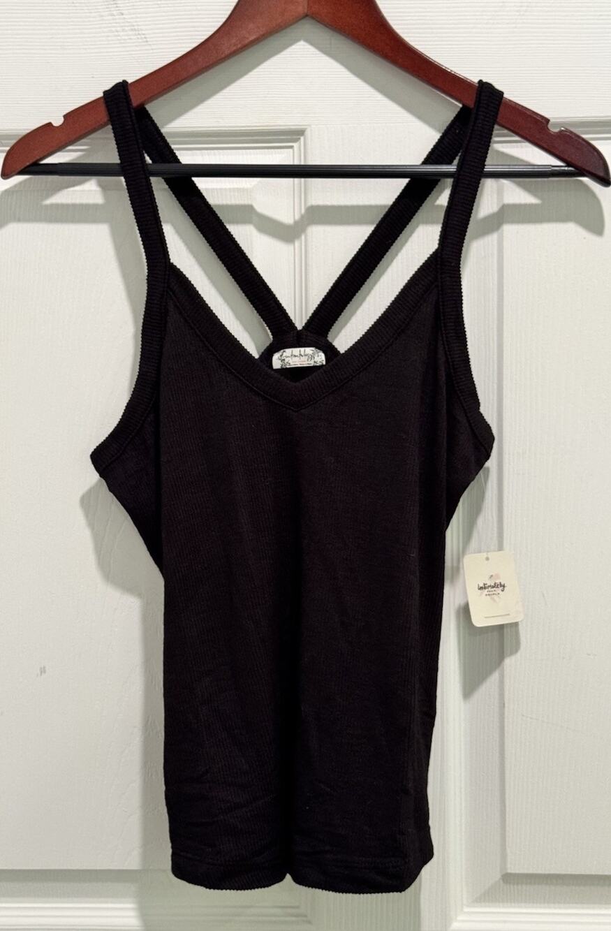 Free People Intimately Top Women LARGE Solid Rib Brami Tank Black Ribbed NEW